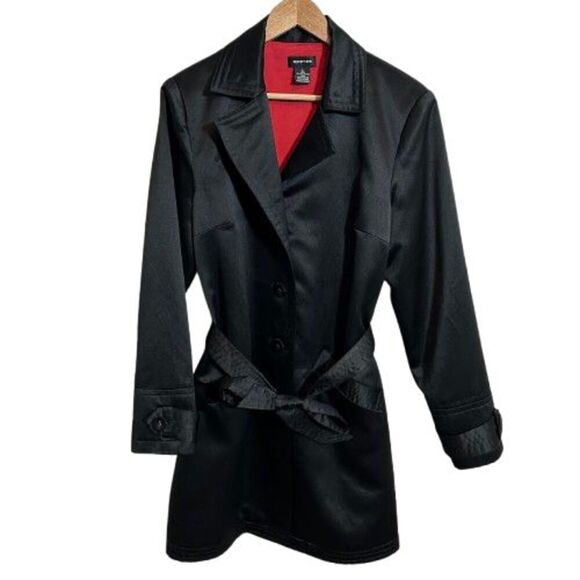 VTG Y2K 90s Belted Trench Coat L Black Silky Long Collar Spense Red Lining - Picture 1 of 8